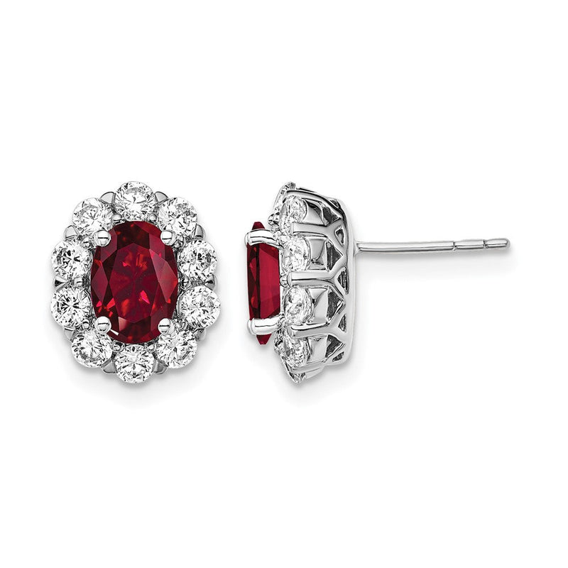 14K Weißgold Ohrstecker mit 1,2 ct. Laborgezüchteten Diamanten VS/SI+ G+ und ovalem gezüchtetem Rubin-Halo
