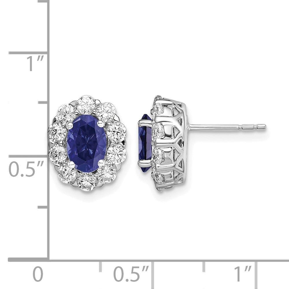 14K Weißgold Ohrstecker mit 1,2 ct. im Labor gezüchteten Diamanten VS/SI+ G+ und ovalen synthetischen Saphiren, Halo-Fassung