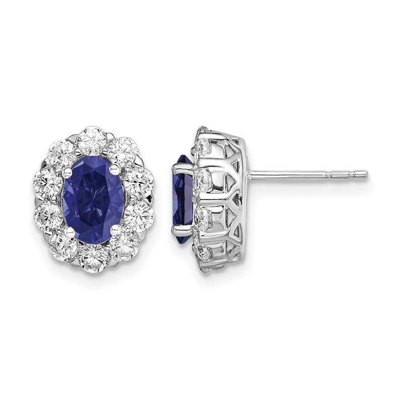 14K Weißgold Ohrstecker mit 1,2 ct. im Labor gezüchteten Diamanten VS/SI+ G+ und ovalen synthetischen Saphiren, Halo-Fassung