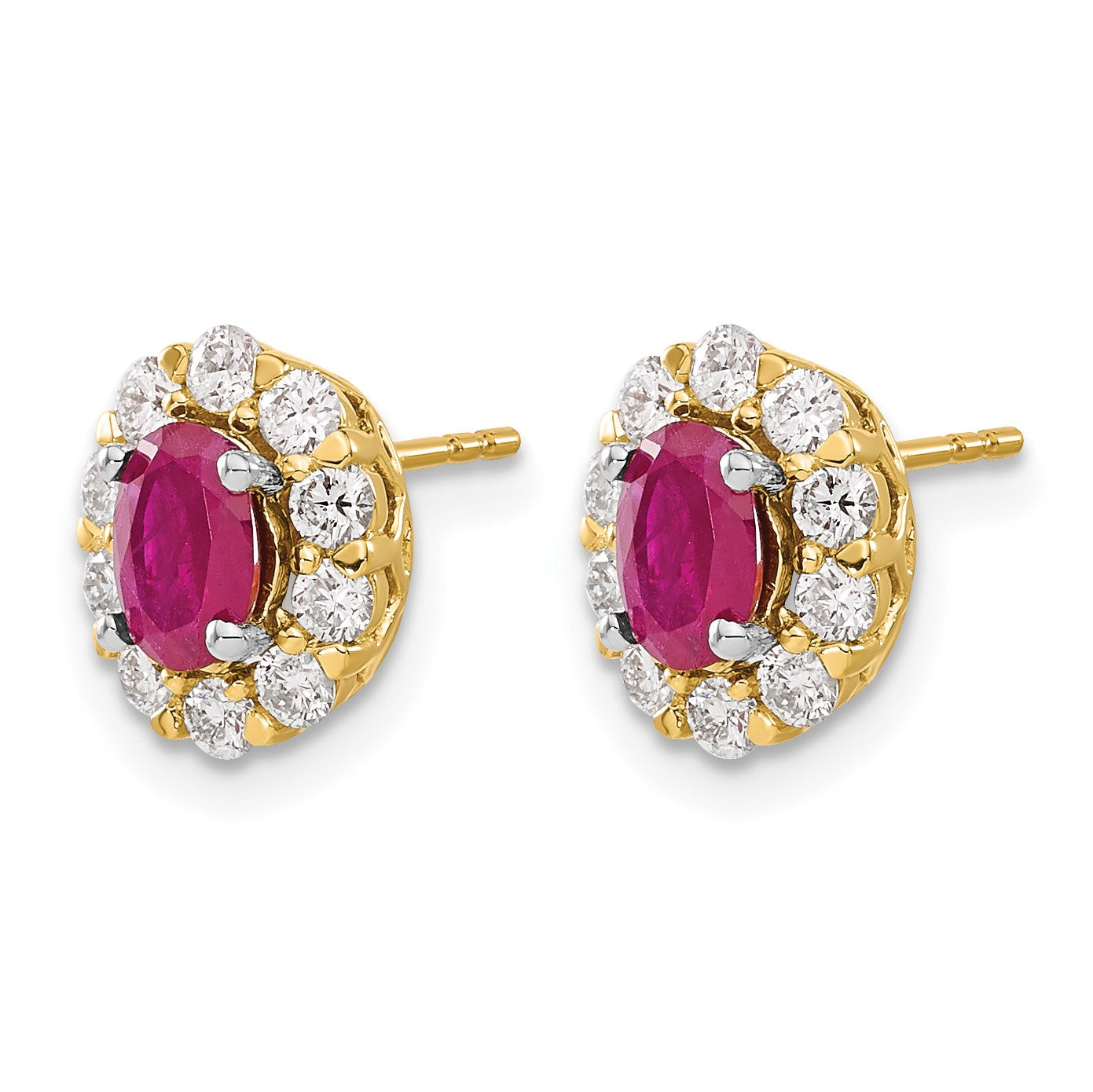 14K Gelbgold Ohrstecker mit ovalem Rubin und echten Diamanten im Halo-Design