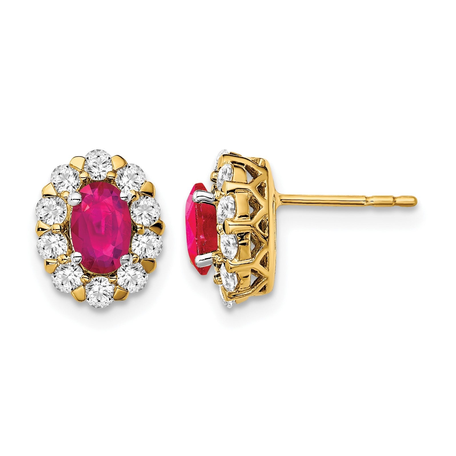 14K Gelbgold Ohrstecker mit ovalem Rubin und echten Diamanten im Halo-Design