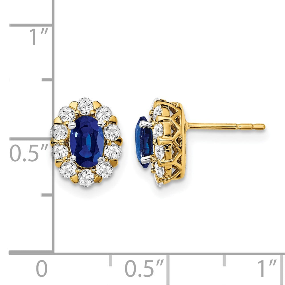 14K Gelbgold Ohrstecker mit 0,625 ct. laborgezüchtetem Diamant VS/SI+ G+ und ovalem synthetischem Saphir-Halo