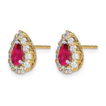 14K Gelbgold Ohrstecker mit Halo, Diamanten und Rubin im Birnenschliff