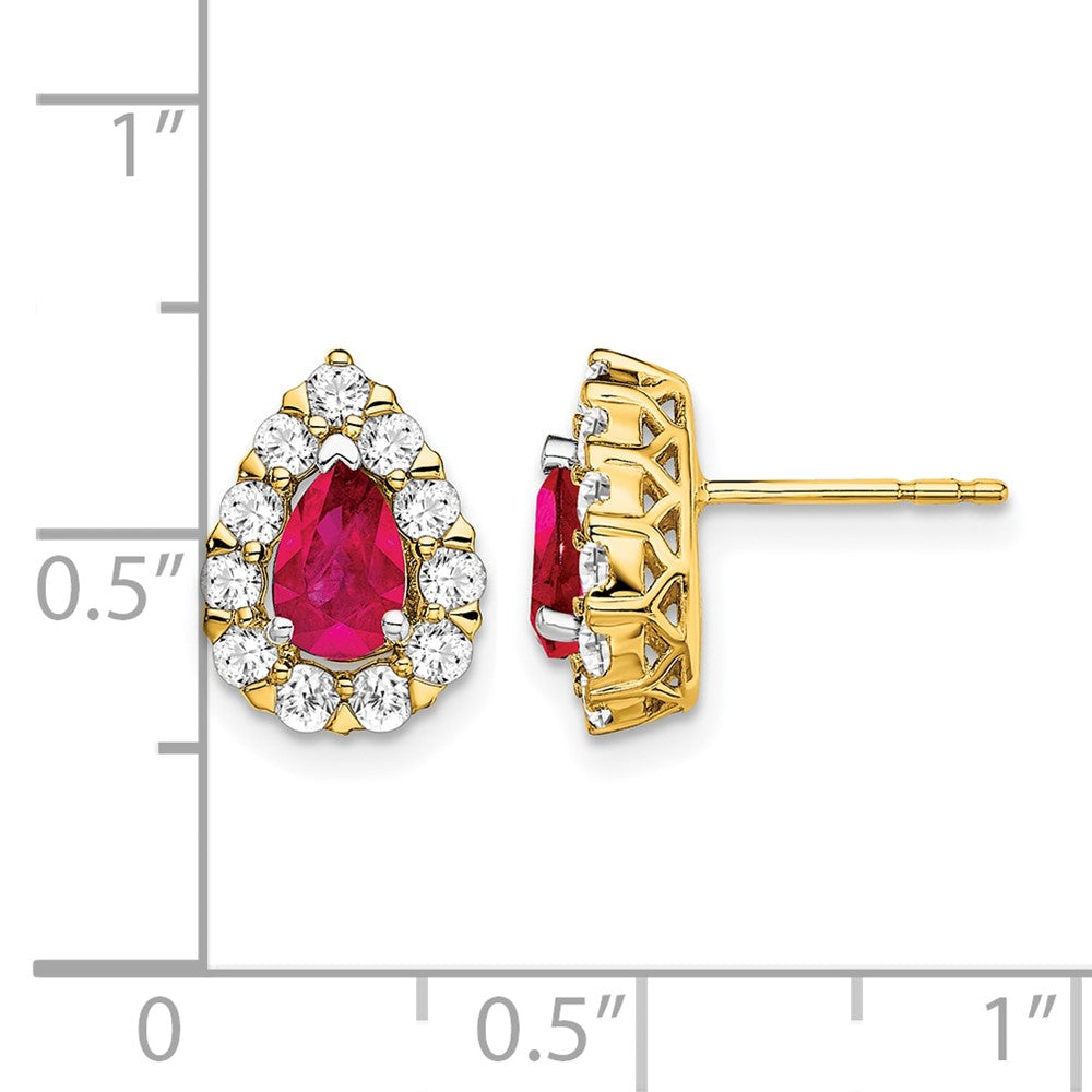 14K Gelbgold Ohrstecker mit Halo, Diamanten und Rubin im Birnenschliff