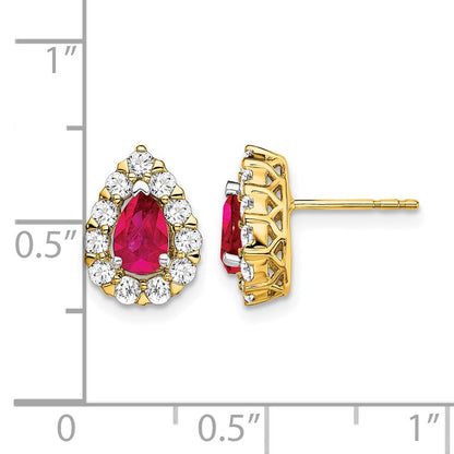 14K Gelbgold Ohrstecker mit Halo, Diamanten und Rubin im Birnenschliff