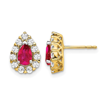 14K Gelbgold Ohrstecker mit Halo, Diamanten und Rubin im Birnenschliff