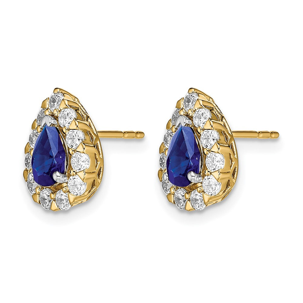14K Gelbgold Ohrringe mit Diamant-Halo und Saphir im Birnenschliff auf Stecker