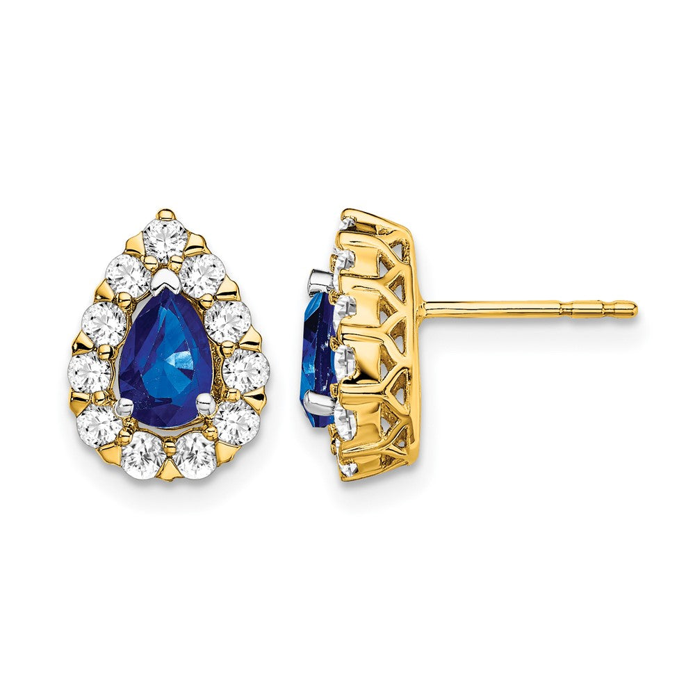 14K Gelbgold Ohrringe mit Diamant-Halo und Saphir im Birnenschliff auf Stecker