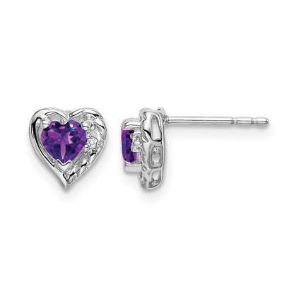 14K Weißgold Ohrringe mit Amethyst und echten Diamanten, Herz-Design