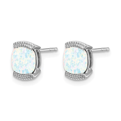 Massiv 14K Weißgold Erzeugt Synthetisch Opal Ohrstecker