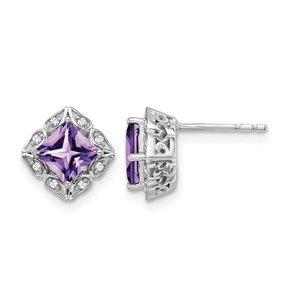 14K Weißgold Ohrringe mit quadratischem Amethyst und echten Diamanten