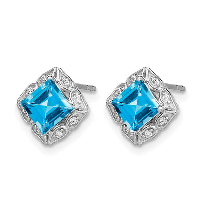 14K Weißgold Ohrringe mit quadratischem Blautopas und echten Diamanten