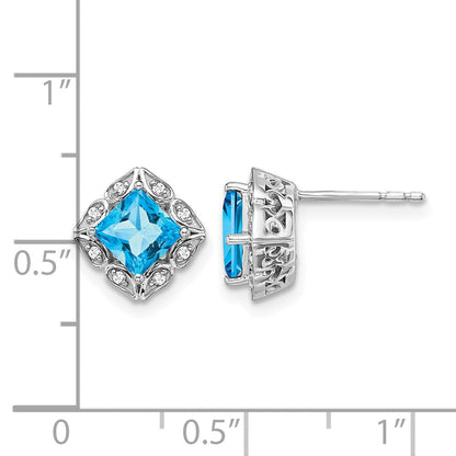 14K Weißgold Ohrringe mit quadratischem Blautopas und echten Diamanten