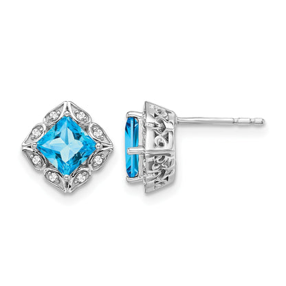 14K Weißgold Ohrringe mit quadratischem Blautopas und echten Diamanten