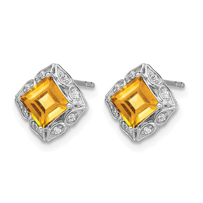 Ohrstecker aus 14K Weißgold mit quadratischem Citrin und echten Diamanten