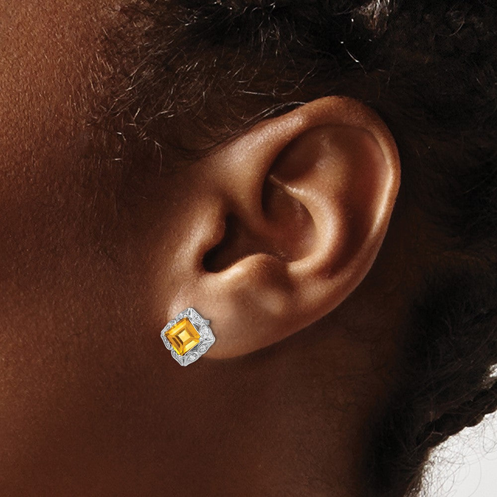 Ohrstecker aus 14K Weißgold mit quadratischem Citrin und echten Diamanten