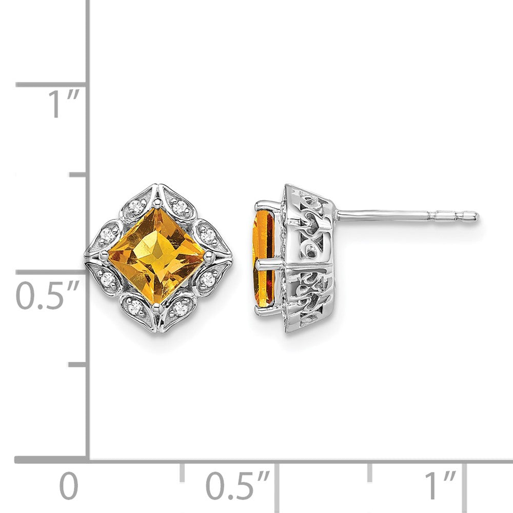 Ohrstecker aus 14K Weißgold mit quadratischem Citrin und echten Diamanten