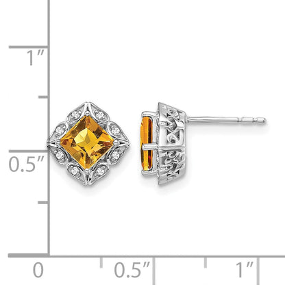 Ohrstecker aus 14K Weißgold mit quadratischem Citrin und echten Diamanten