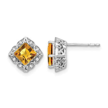 Ohrstecker aus 14K Weißgold mit quadratischem Citrin und echten Diamanten