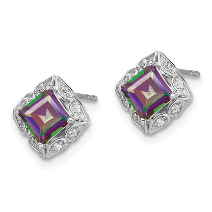 14K Weißgold Ohrringe mit quadratischem Mystic-Fire-Topas und echten Diamanten