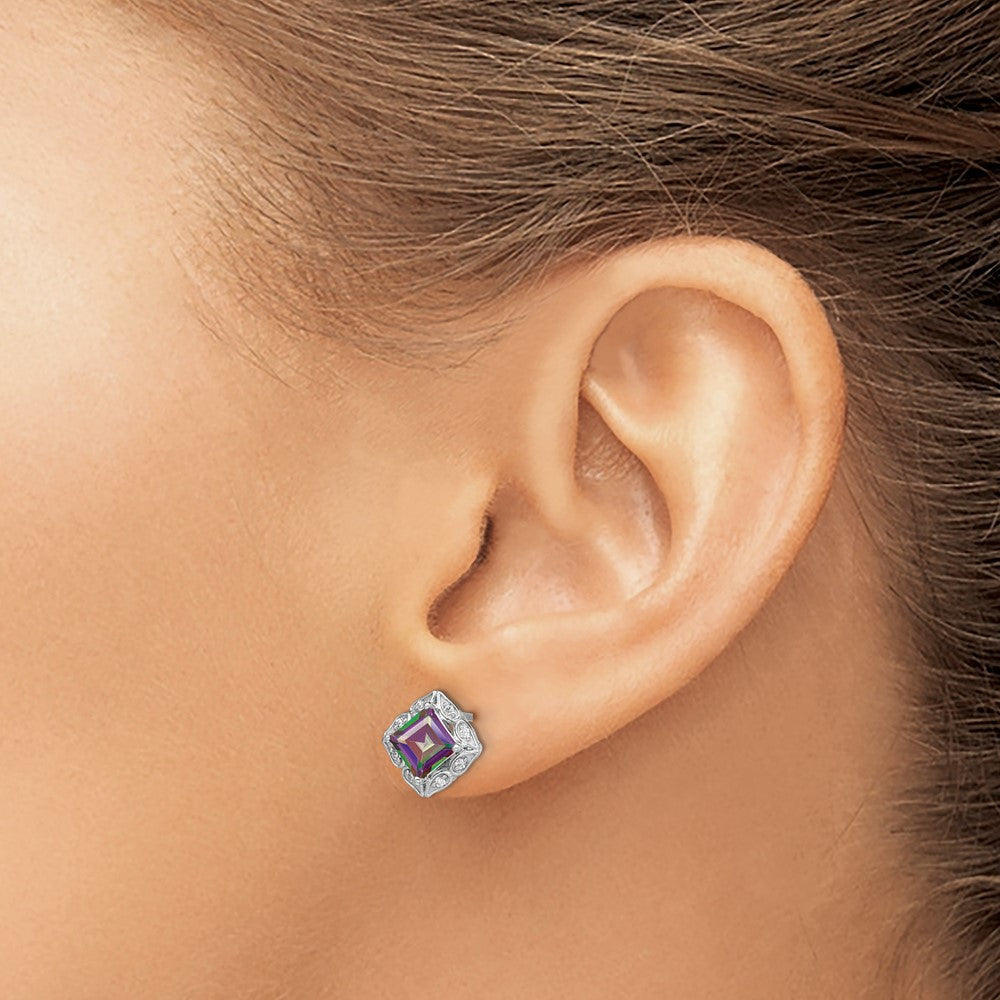 14K Weißgold Ohrringe mit quadratischem Mystic-Fire-Topas und echten Diamanten