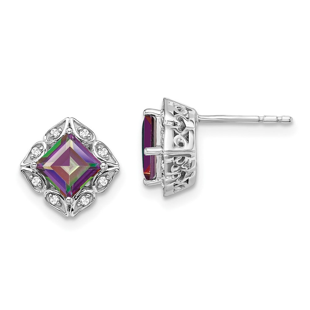 14K Weißgold Ohrringe mit quadratischem Mystic-Fire-Topas und echten Diamanten