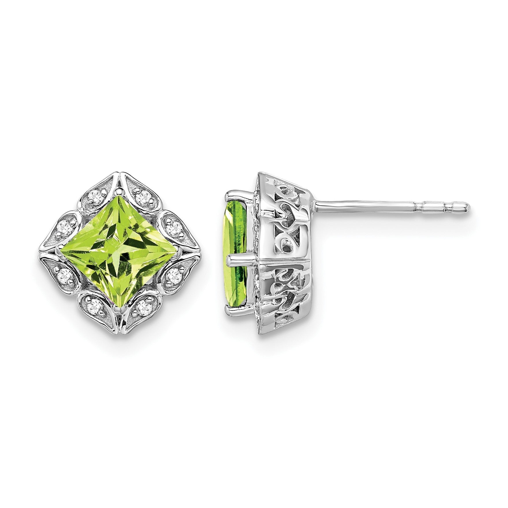 14K Weißgold Ohrringe mit quadratischem Peridot und echten Diamanten