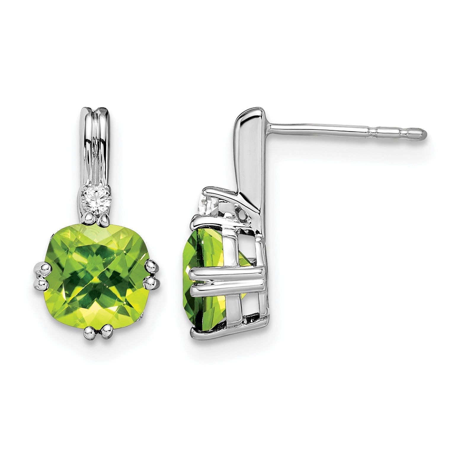 14K Weißgold Ohrringe mit Peridot im Kissenschliff und echten Diamanten