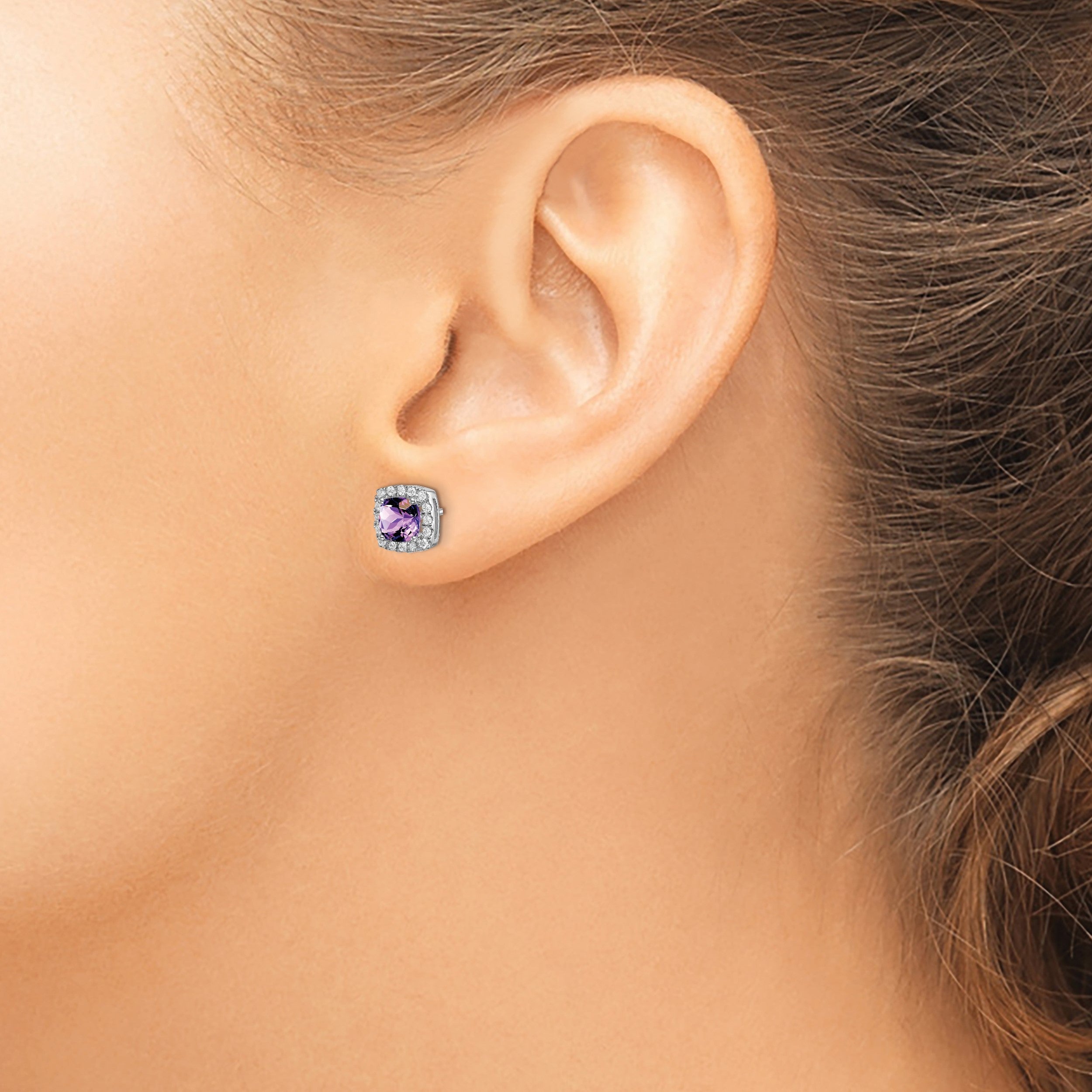 14K Weißgold Ohrringe mit Kissenschliff-Amethyst und echten Diamanten im Halo-Design
