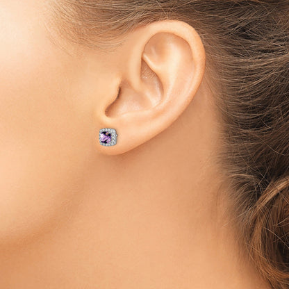 14K Weißgold Ohrringe mit Kissenschliff-Amethyst und echten Diamanten im Halo-Design