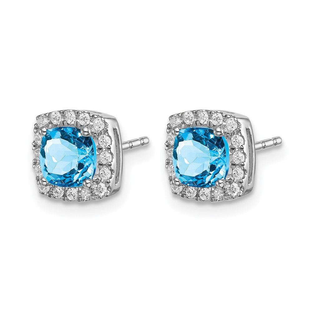 Ohrringe aus 14K Weißgold mit Blautopas im Kissenschliff und echten Diamanten im Halo-Design