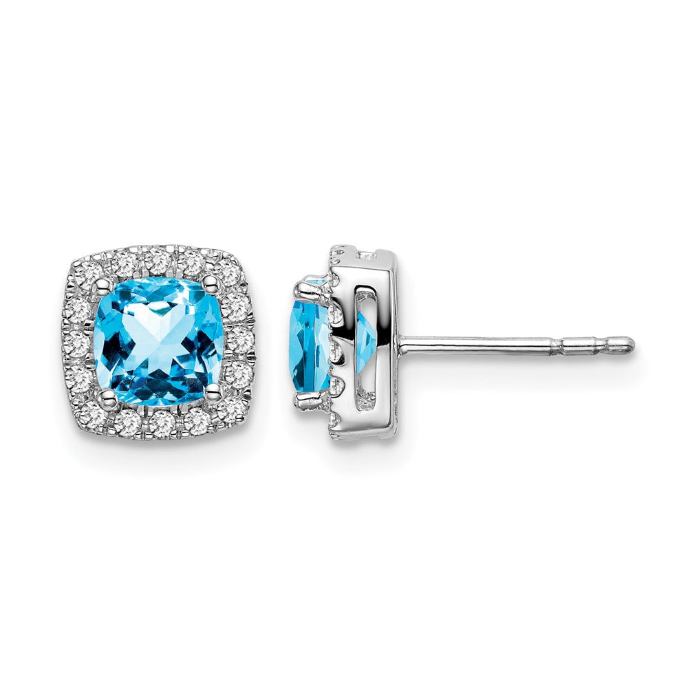 Ohrringe aus 14K Weißgold mit Blautopas im Kissenschliff und echten Diamanten im Halo-Design