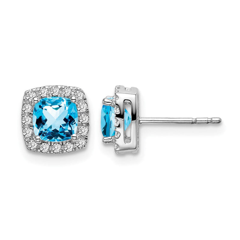 Ohrringe aus 14K Weißgold mit Blautopas im Kissenschliff und echten Diamanten im Halo-Design