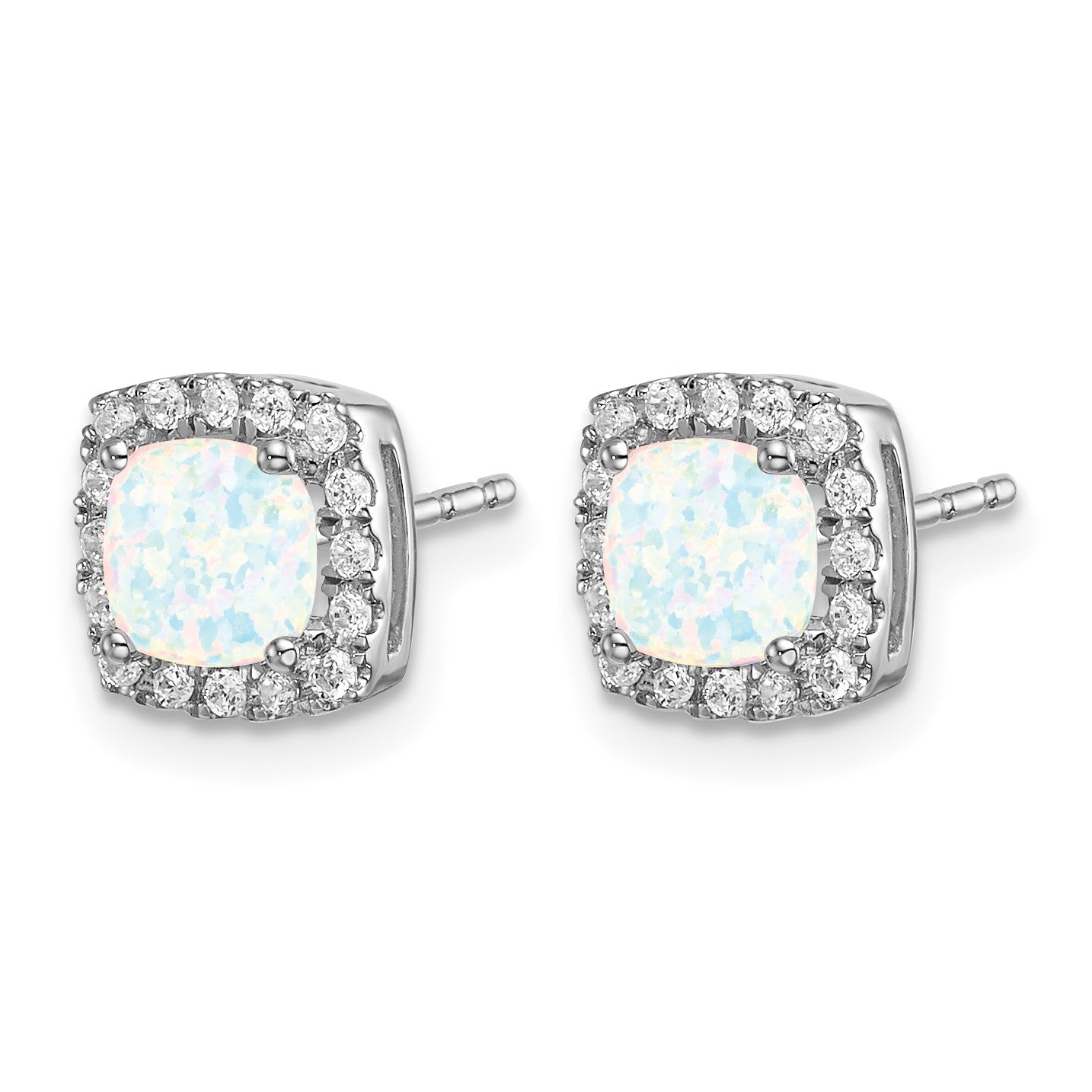 14K Weißgold Ohrringe mit kissenförmigem synthetischem Opal und echten Diamanten im Halo-Design