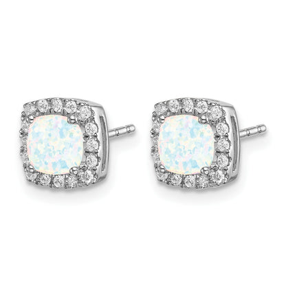 14K Weißgold Ohrringe mit kissenförmigem synthetischem Opal und echten Diamanten im Halo-Design
