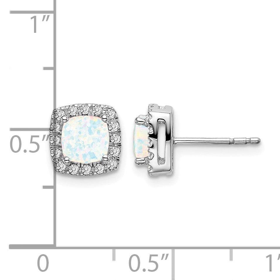 14K Weißgold Ohrringe mit kissenförmigem synthetischem Opal und echten Diamanten im Halo-Design