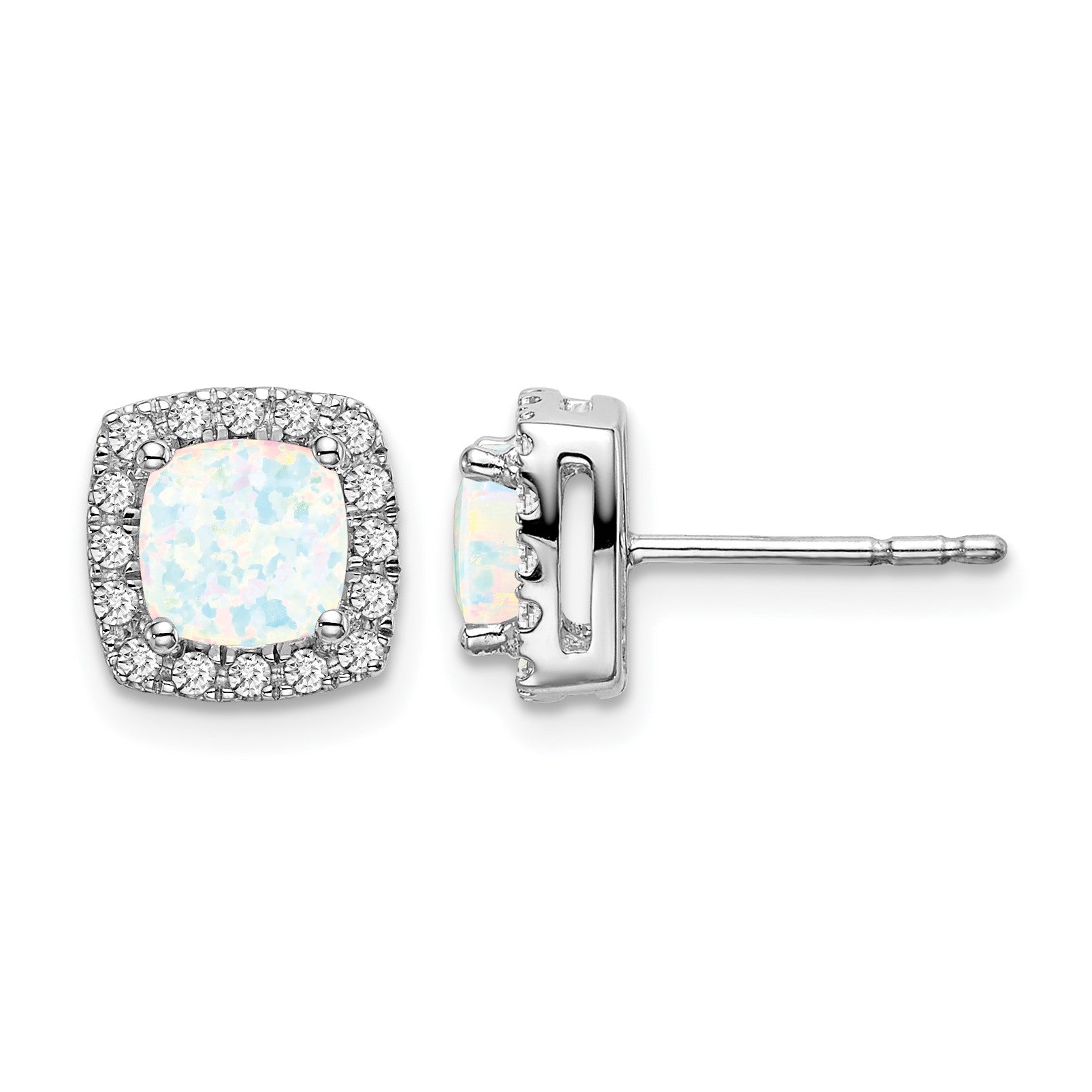 14K Weißgold Ohrringe mit kissenförmigem synthetischem Opal und echten Diamanten im Halo-Design