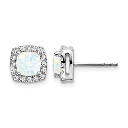 14K Weißgold Ohrringe mit kissenförmigem synthetischem Opal und echten Diamanten im Halo-Design