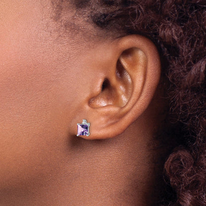 14K Weißgold Ohrringe mit Prinzess-Amethyst und echten Diamanten
