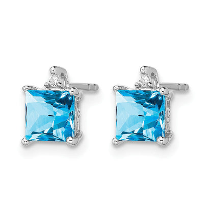 14K Weißgold Ohrringe mit Blautopas im Prinzessschliff und echten Diamanten
