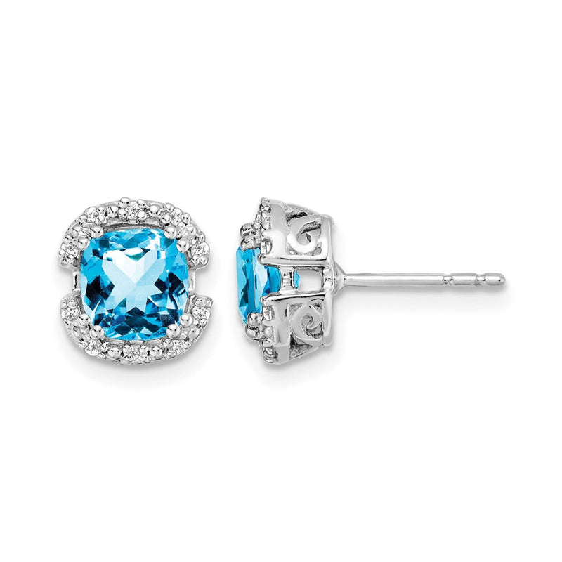 14K Weißgold Ohrringe mit Blautopas im Kissenschliff, Diamant-Halo und echten Diamanten