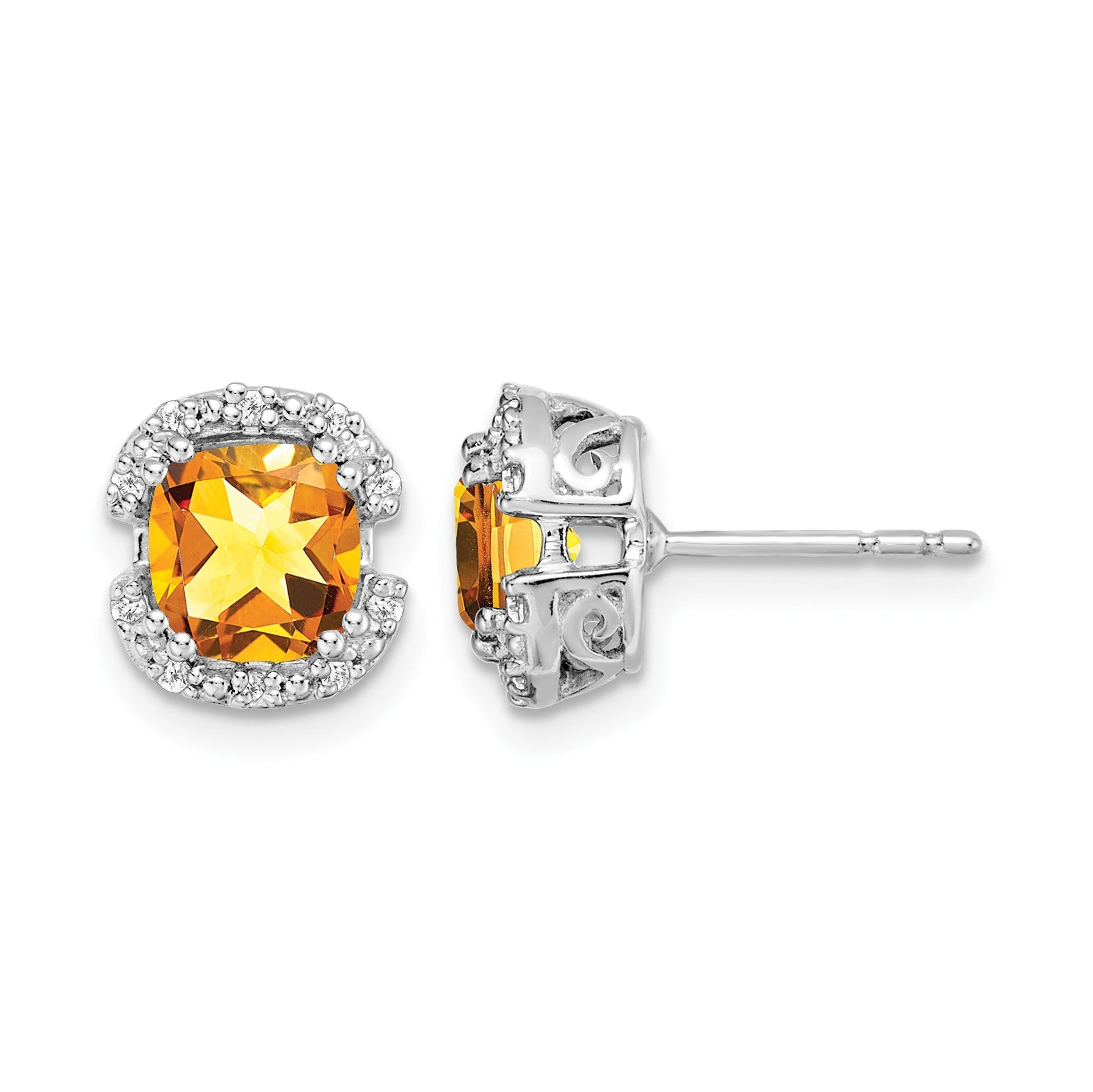 14K Weißgold Ohrringe mit Kissenschliff-Citrin und Diamant-Halo