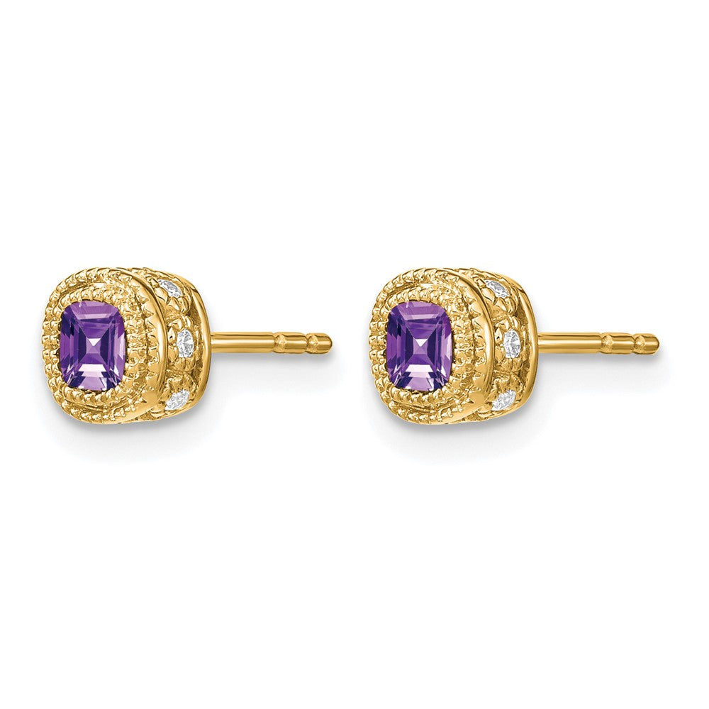 14K Gelbgold Ohrringe mit Amethyst im Kissenschliff und echten Diamanten