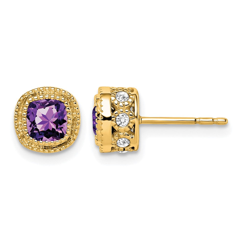 14K Gelbgold Ohrringe mit Amethyst im Kissenschliff und echten Diamanten