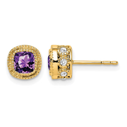 14K Gelbgold Ohrringe mit Amethyst im Kissenschliff und echten Diamanten
