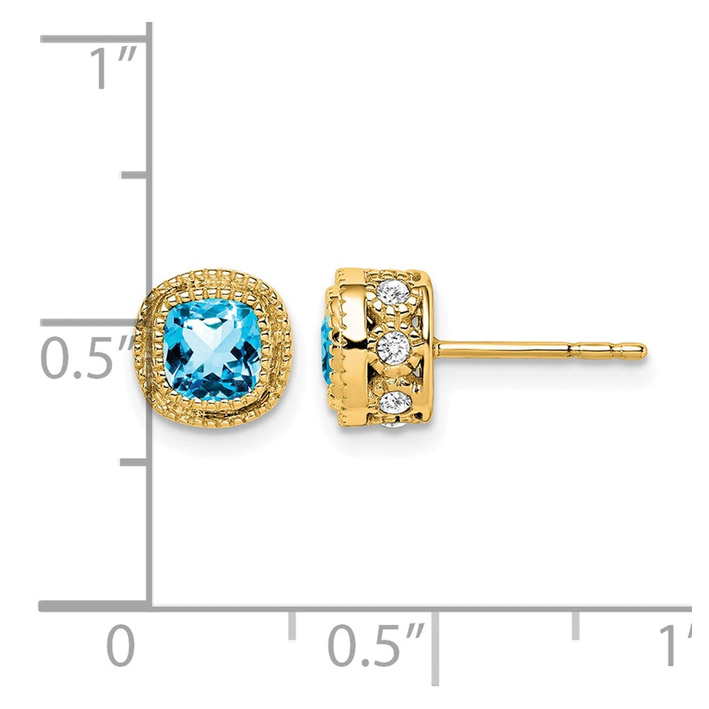 14K Gelbgold Ohrringe mit Blautopas im Kissenschliff und echten Diamanten