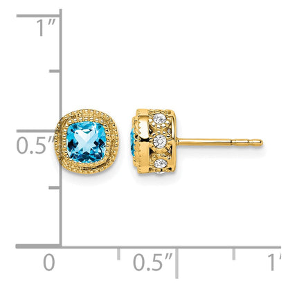 14K Gelbgold Ohrringe mit Blautopas im Kissenschliff und echten Diamanten