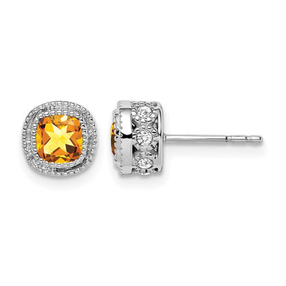 14K Weißgold Ohrringe mit Citrin im Kissenschliff und echten Diamanten