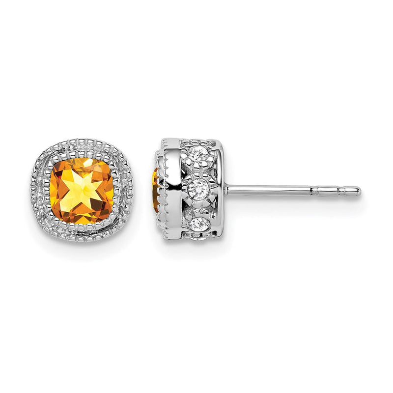 14K Weißgold Ohrringe mit Citrin im Kissenschliff und echten Diamanten
