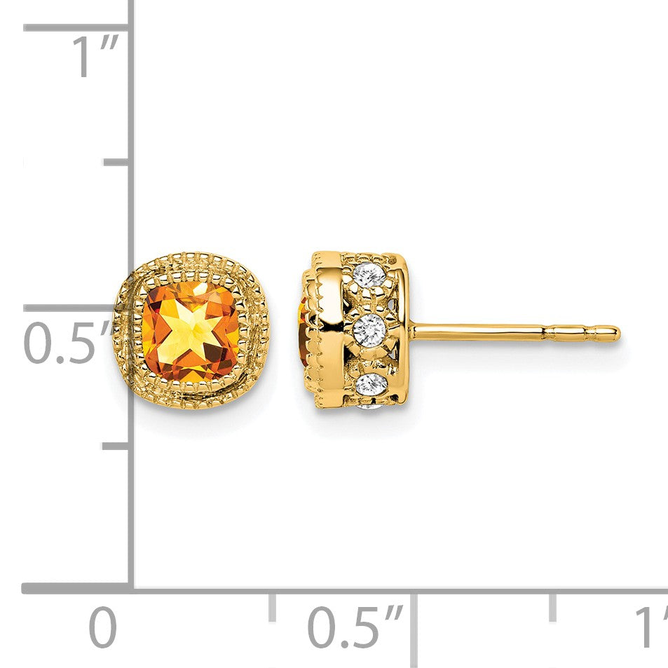 14K Gelbgold Ohrringe mit Kissenschliff-Citrin und echten Diamanten